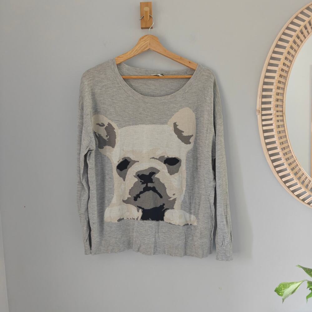 Joie French Bulldog Dog Frenchie Graphic Wool Cashmere Crew Neck Sweater Gray L